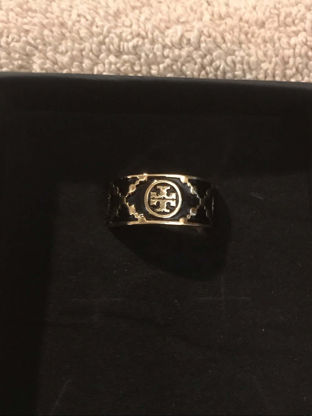 Tory Burch Black and Gold Logo Wide Band Ring